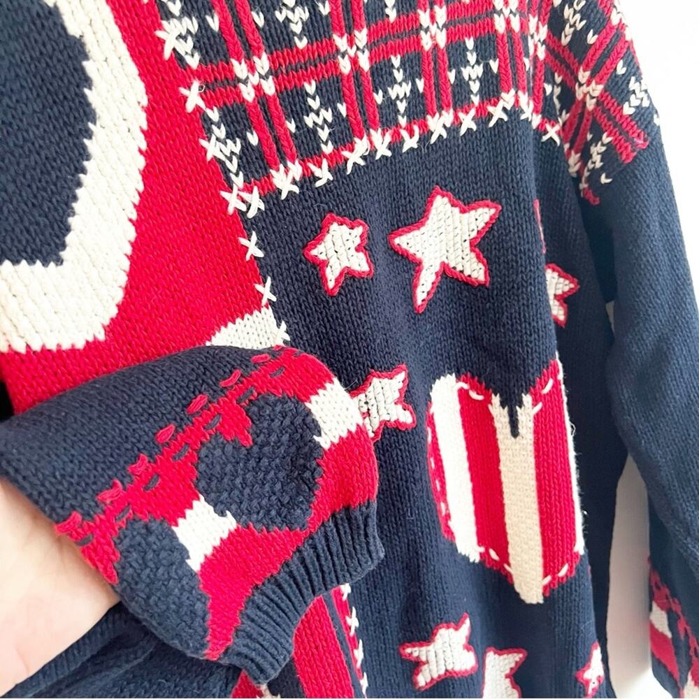 Vintage 80s90s Ninon De Lenclos Patchwork Americana Red White Blue Sweater Large - Picture 5 of 8